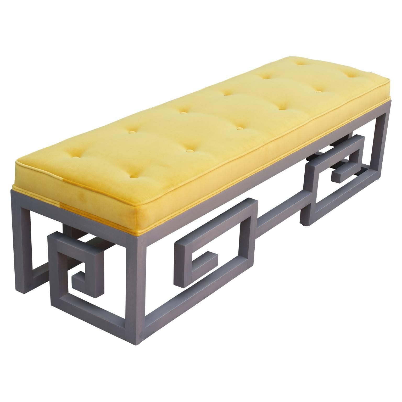 Unique Greek key bench custom-made in gray and yellow velvet in the style of Baker Furniture Company or Kittinger. We also have another one available in a purple velvet. Inquire for COM.