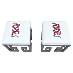 Pair of Modern Custom Greek Grey Embroidered Snake Ottomans in White Velvet