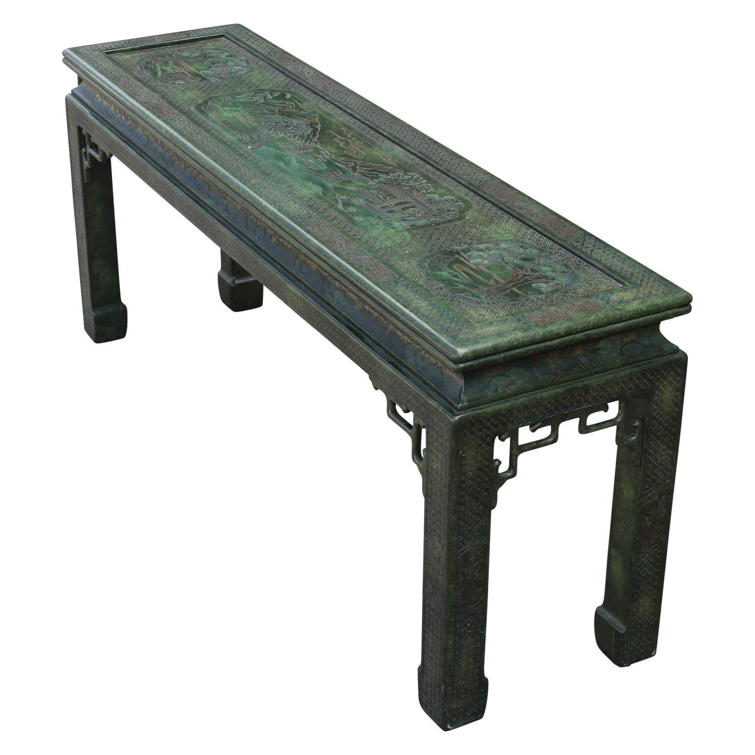American Modern Green Lacquered Carved Chinoiserie Console Table