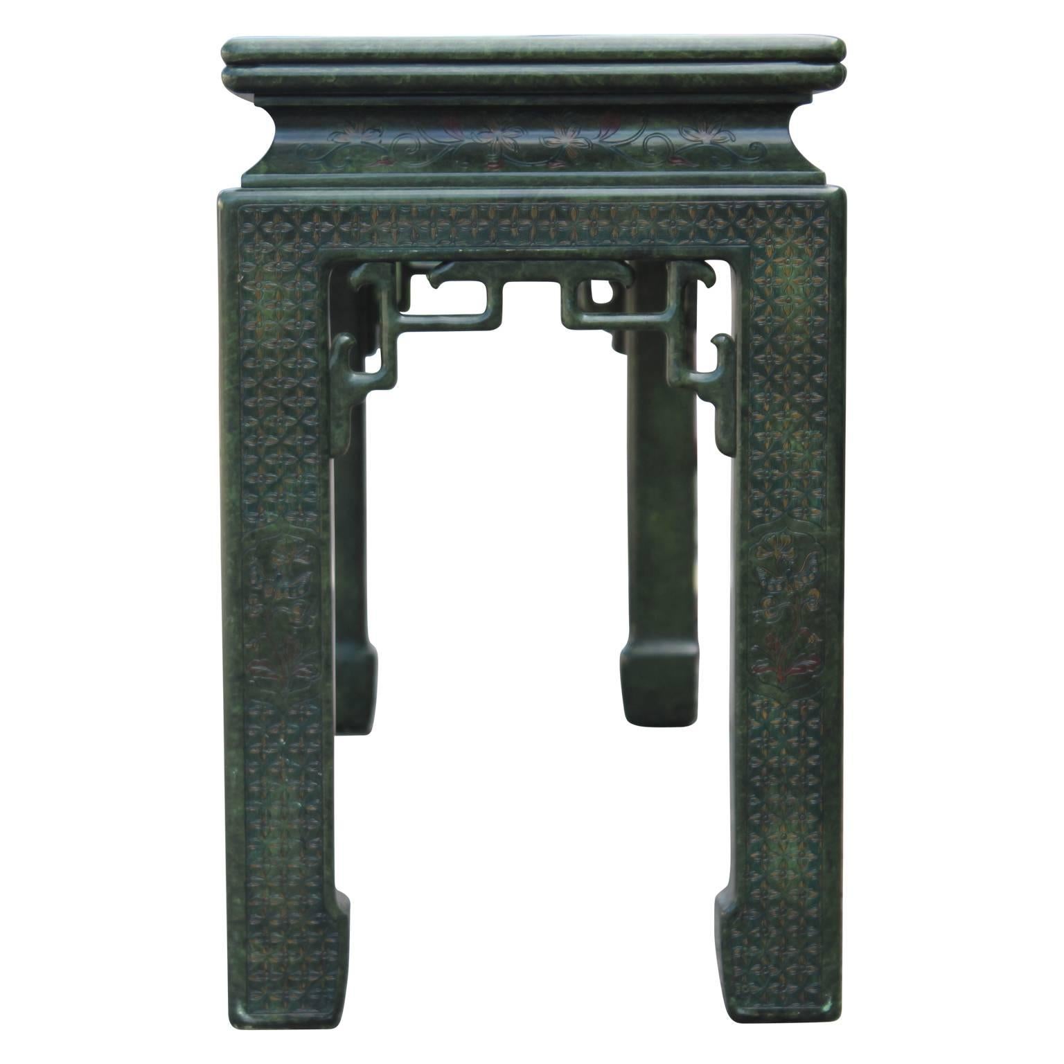 Modern Green Lacquered Carved Chinoiserie Console Table In Excellent Condition In Houston, TX