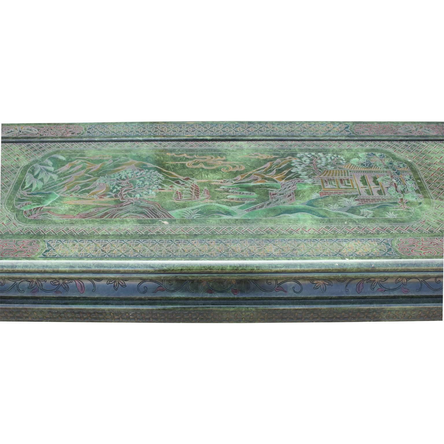 Modern Green Lacquered Carved Chinoiserie Console Table 1