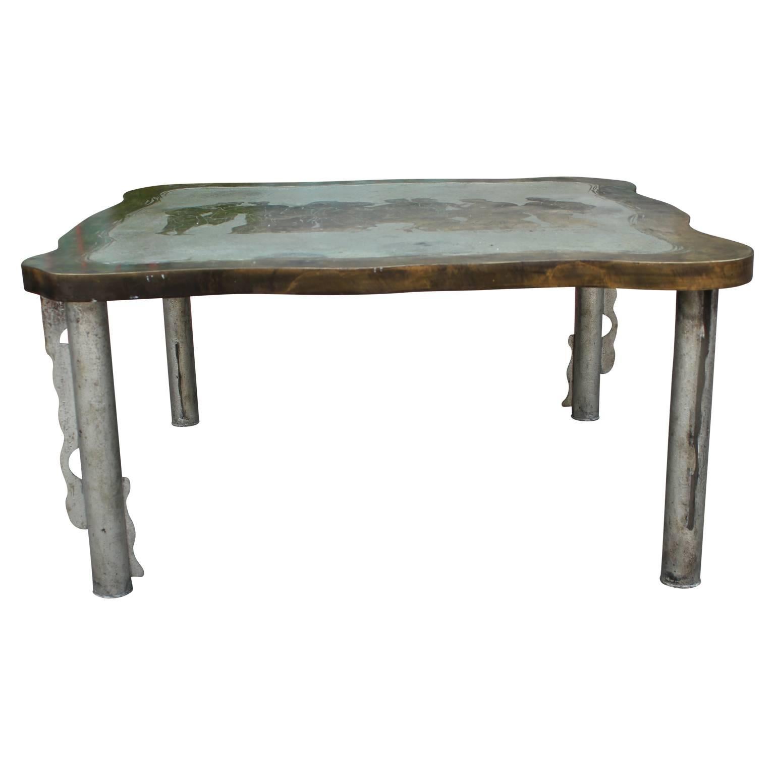 Hollywood Regency Philip and Kelvin LaVerne Etched Bronze and Pewter Etruscan Motif Coffee Table
