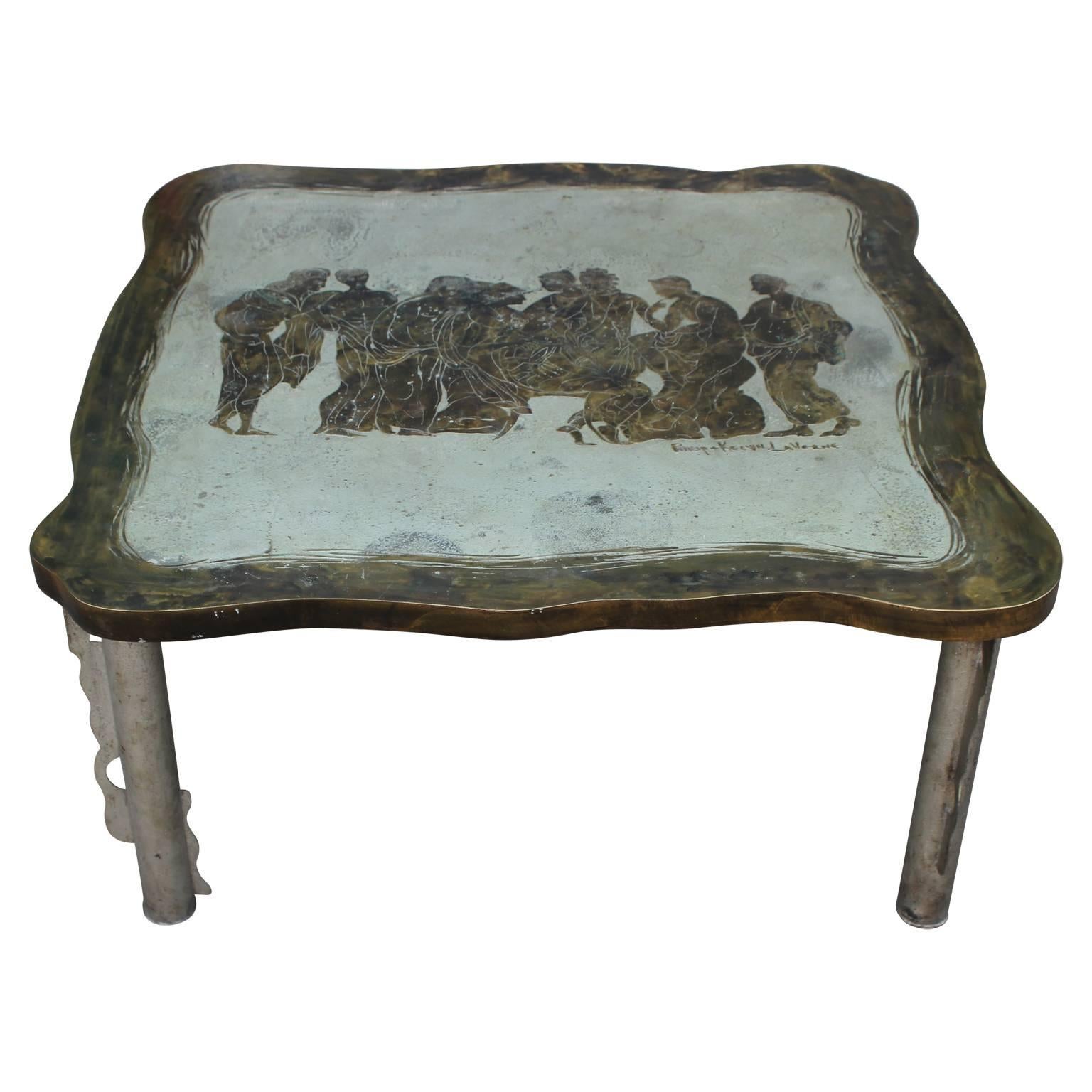 This is a bronze and pewter coffee table with acid-etched Etruscan motifs as an overlay. This table was designed by Philip and Kelvin LaVerne. The tubular legs and arched supporting buttresses are also enameled and patinated with LaVerne signature