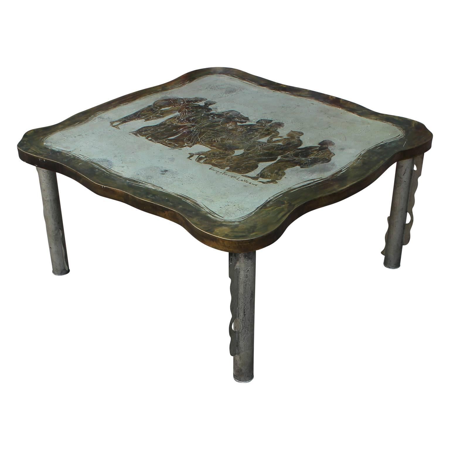 American Philip and Kelvin LaVerne Etched Bronze and Pewter Etruscan Motif Coffee Table