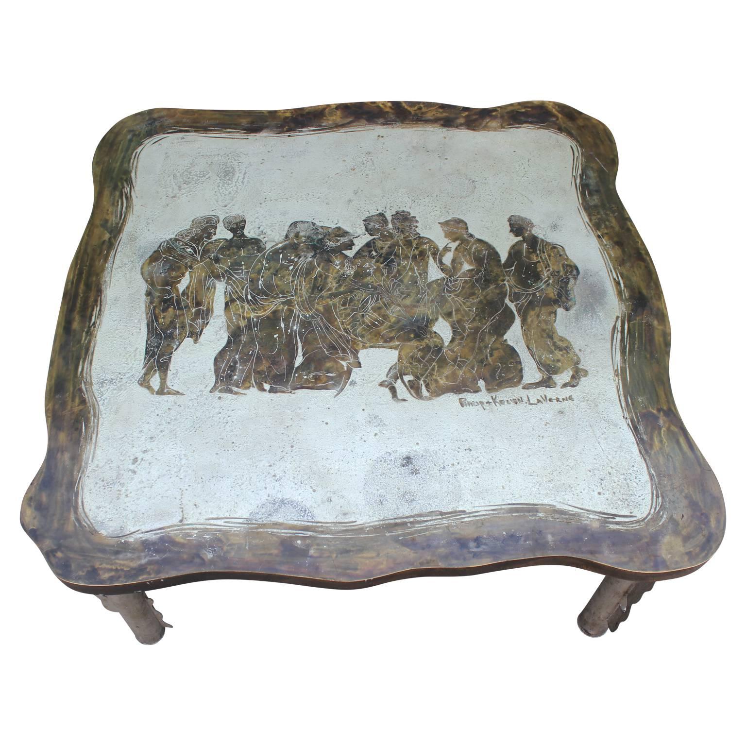 Philip and Kelvin LaVerne Etched Bronze and Pewter Etruscan Motif Coffee Table