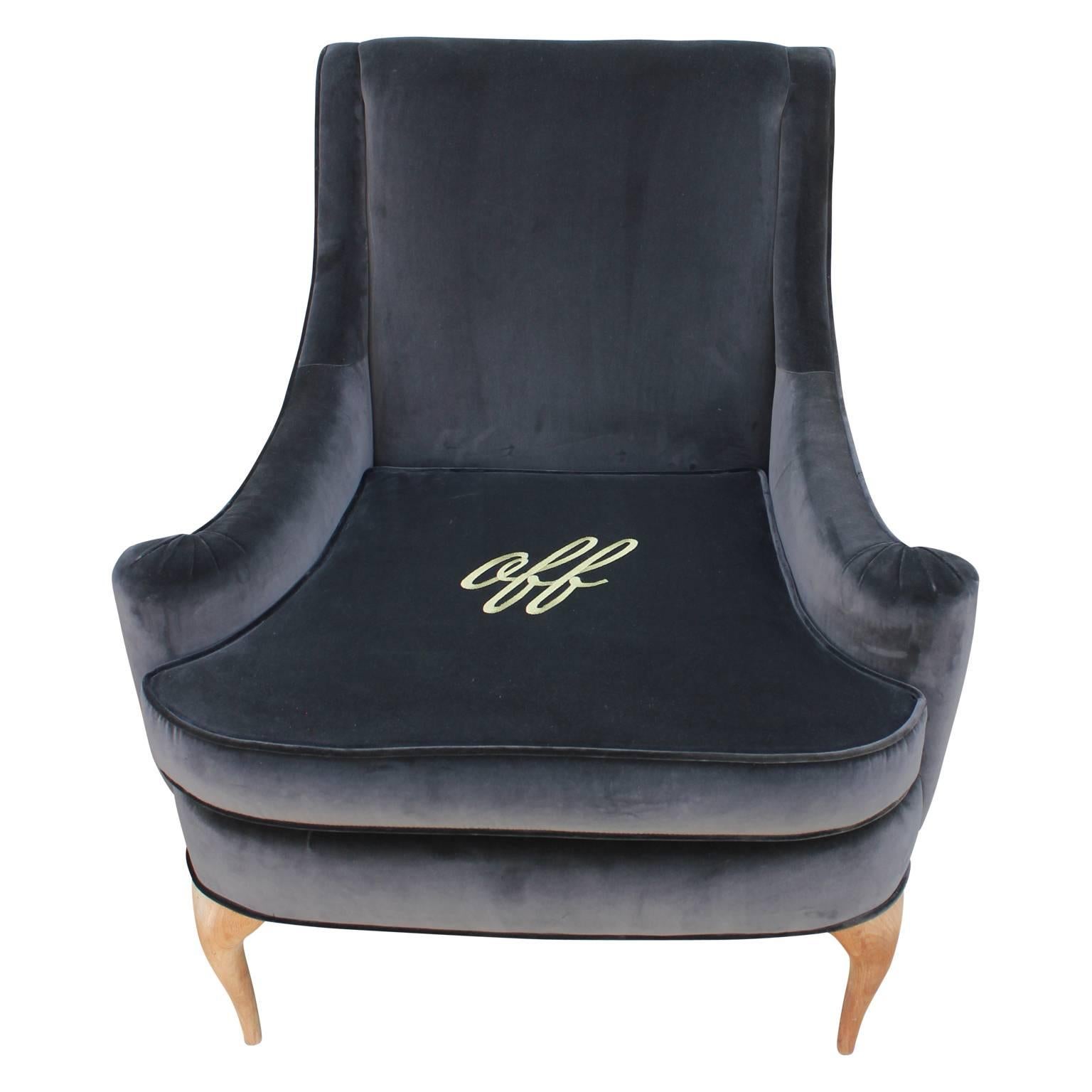 American Stunning Custom Embroidered Lounge Chairs in Grey Velvet Sculptural Legs