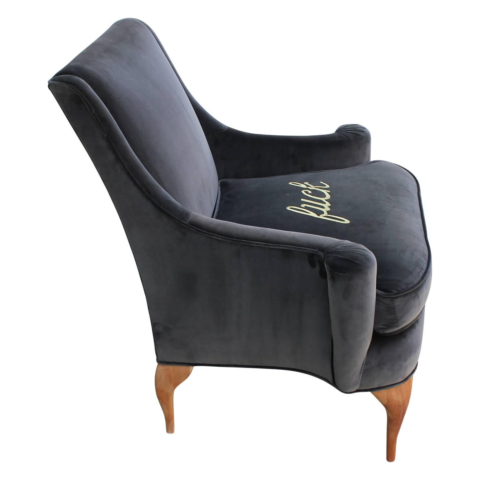 Stunning Custom Embroidered Lounge Chairs in Grey Velvet Sculptural Legs In Excellent Condition In Houston, TX