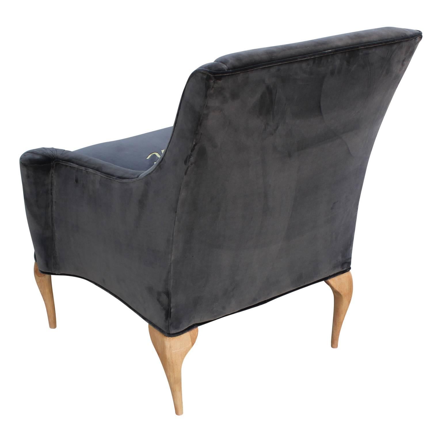 Mid-20th Century Stunning Custom Embroidered Lounge Chairs in Grey Velvet Sculptural Legs