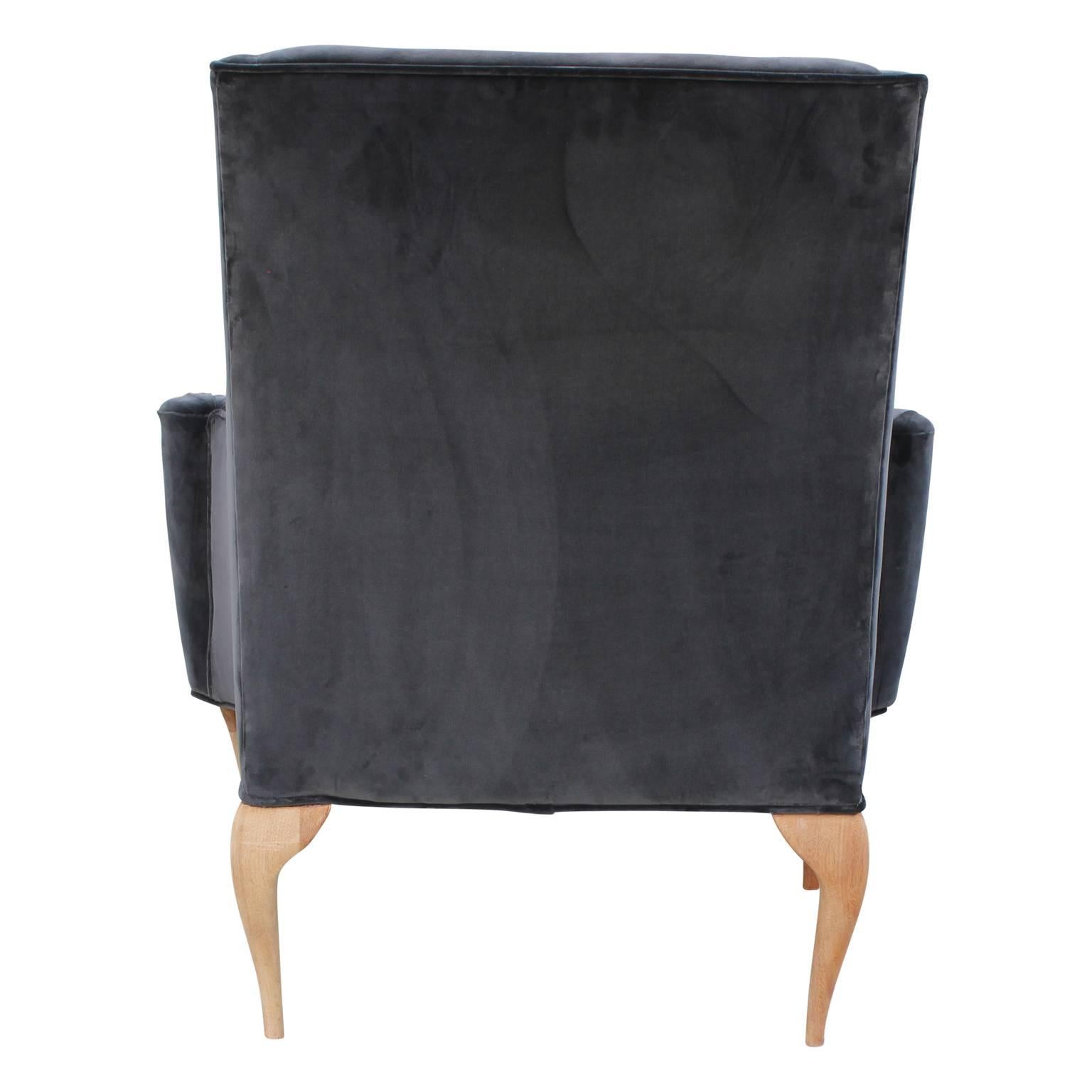 Stunning Custom Embroidered Lounge Chairs in Grey Velvet Sculptural Legs 1