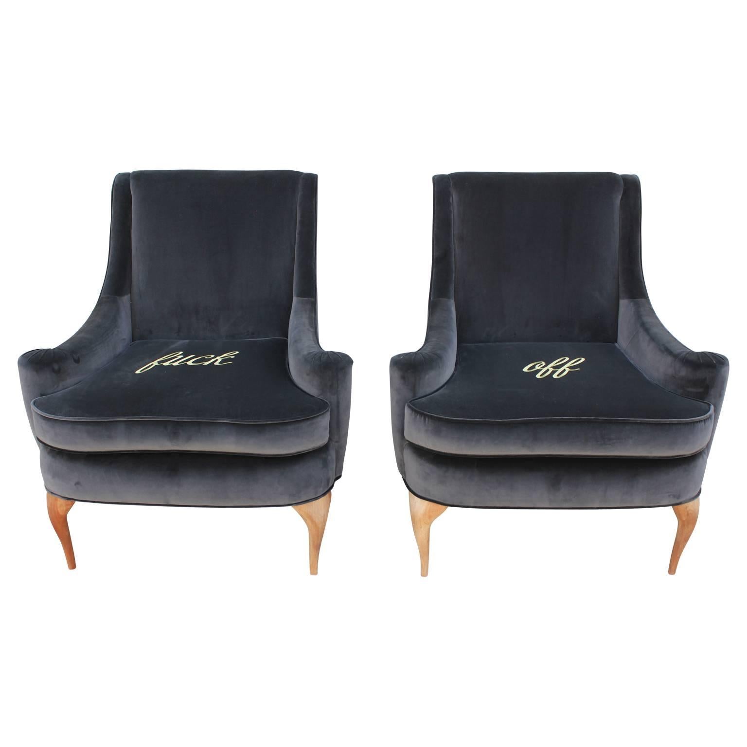 Stunning Custom Embroidered Lounge Chairs in Grey Velvet Sculptural Legs 3