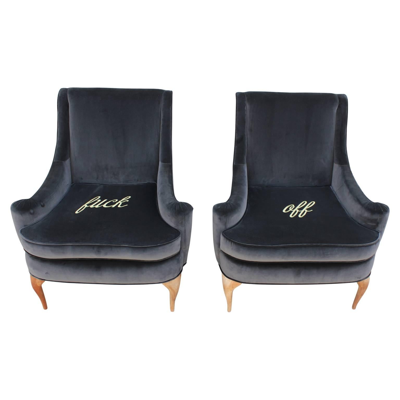 Stunning Custom Embroidered Lounge Chairs in Grey Velvet Sculptural Legs