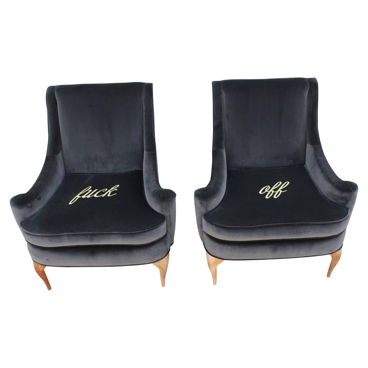 Modern Stunning Custom Embroidered Lounge Chairs in Grey Velvet Sculptural Legs