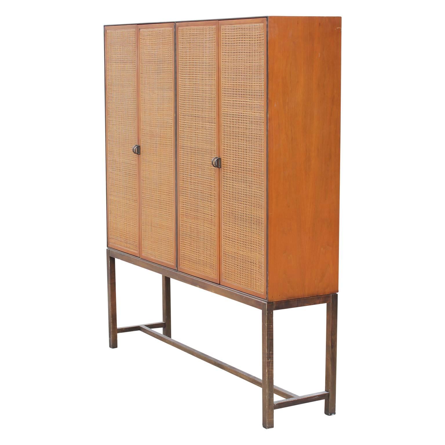 American Impressive Modern Directional / Calvin Furniture Cane Cabinet or Wardrobe