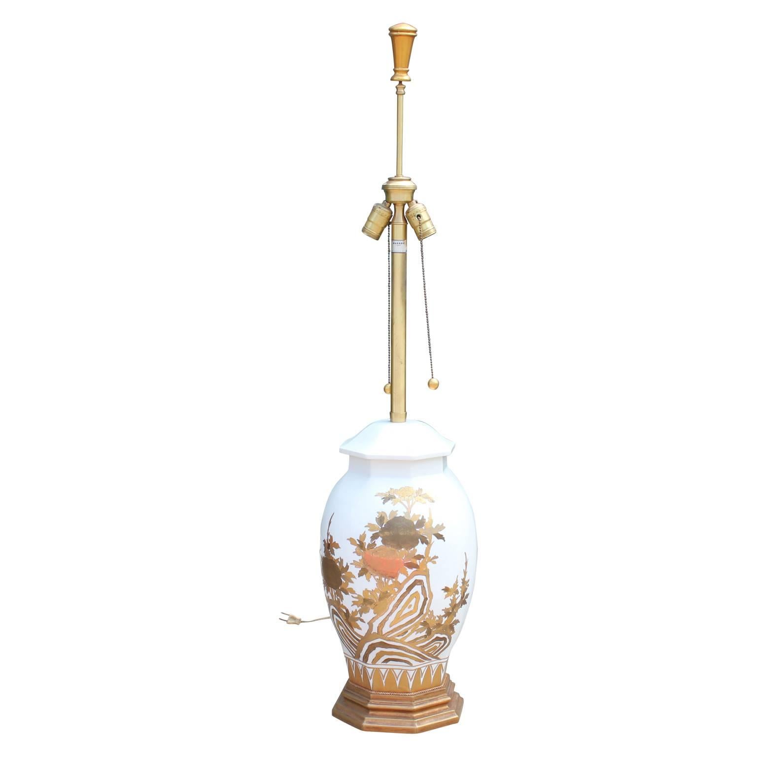 Hollywood Regency Pair of Large White Ceramic Table Lamps by Marbro with Gold Floral Detailing