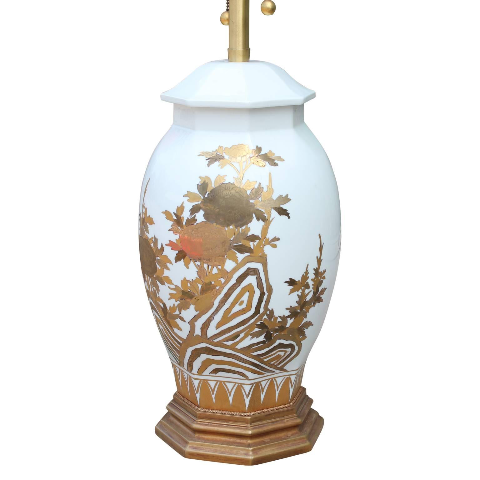 Pair of Large White Ceramic Table Lamps by Marbro with Gold Floral Detailing In Excellent Condition In Houston, TX
