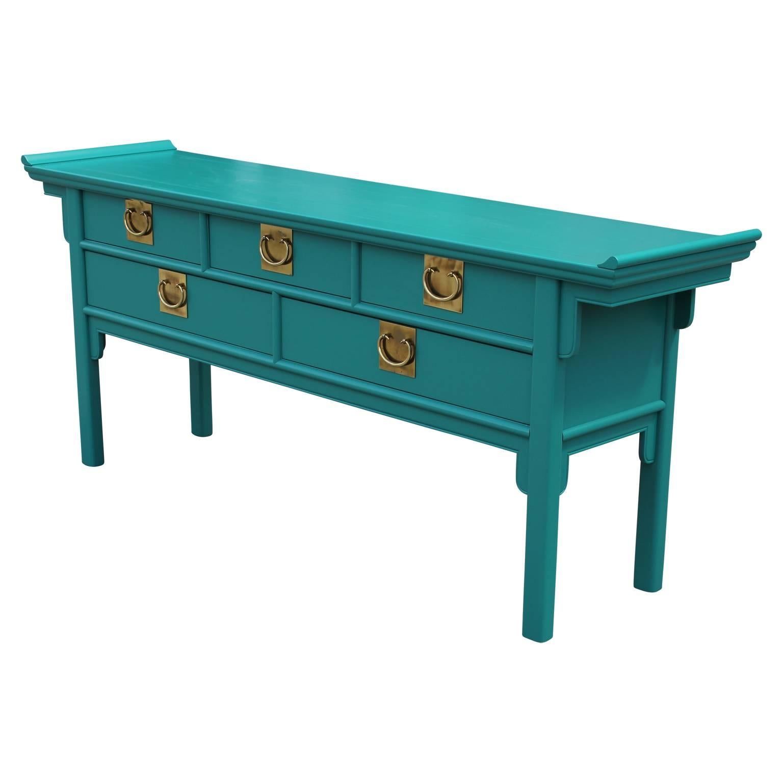 Modern century furniture  five-drawer console table or dresser recently refinished in a nice teal / turquoise with brass hardware.