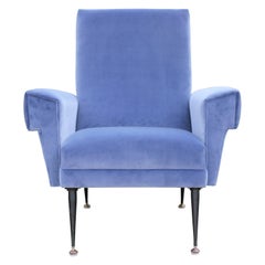 Pair of Modern Arflex Style Italian Lounge Chairs in Blue Kravet Velvet