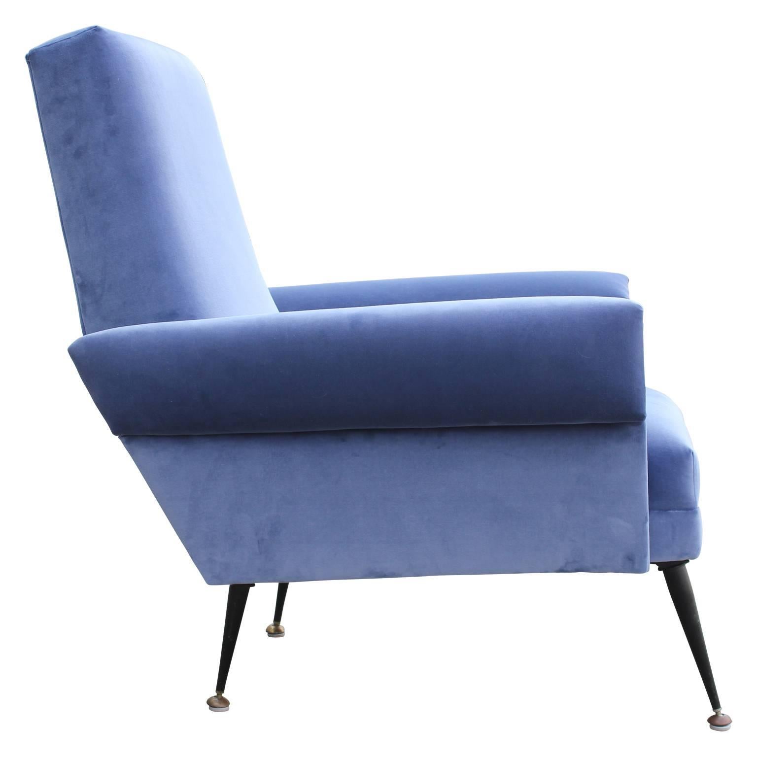 Pair of Modern Arflex Style Italian Lounge Chairs in Blue Kravet Velvet 1