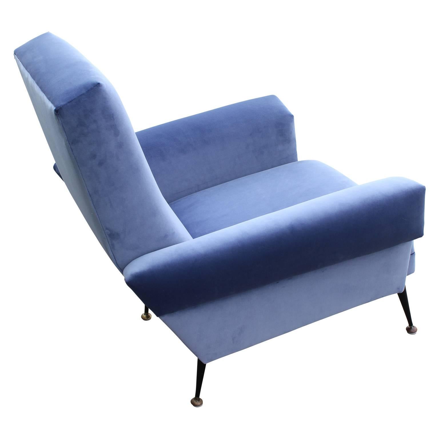 Pair of Modern Arflex Style Italian Lounge Chairs in Blue Kravet Velvet 2