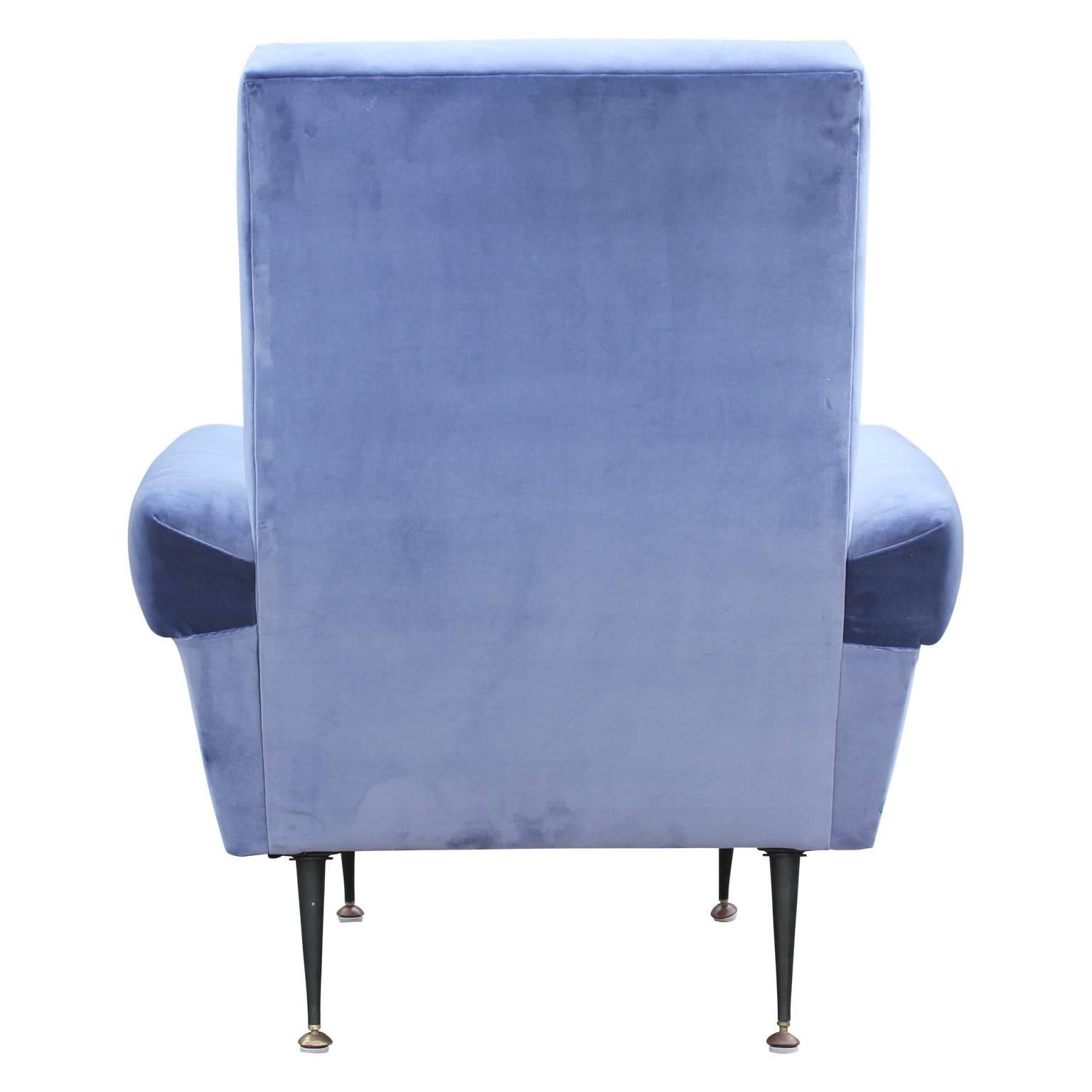 Pair of Modern Arflex Style Italian Lounge Chairs in Blue Kravet Velvet 3
