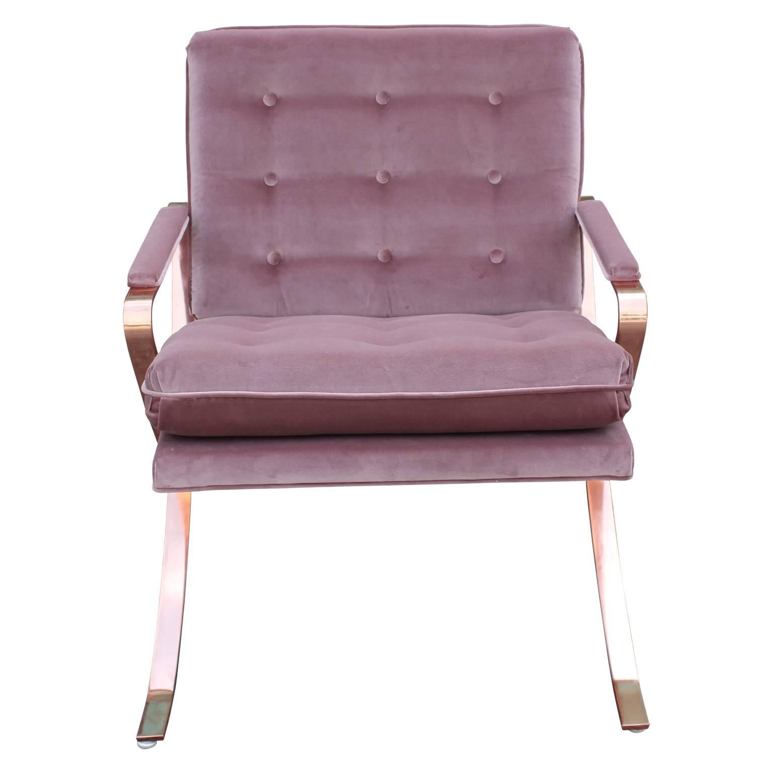 Pair of Modern Italian Copper-Plated Lounge Chairs in Tufted Mauve Kravet Velvet In Excellent Condition In Houston, TX