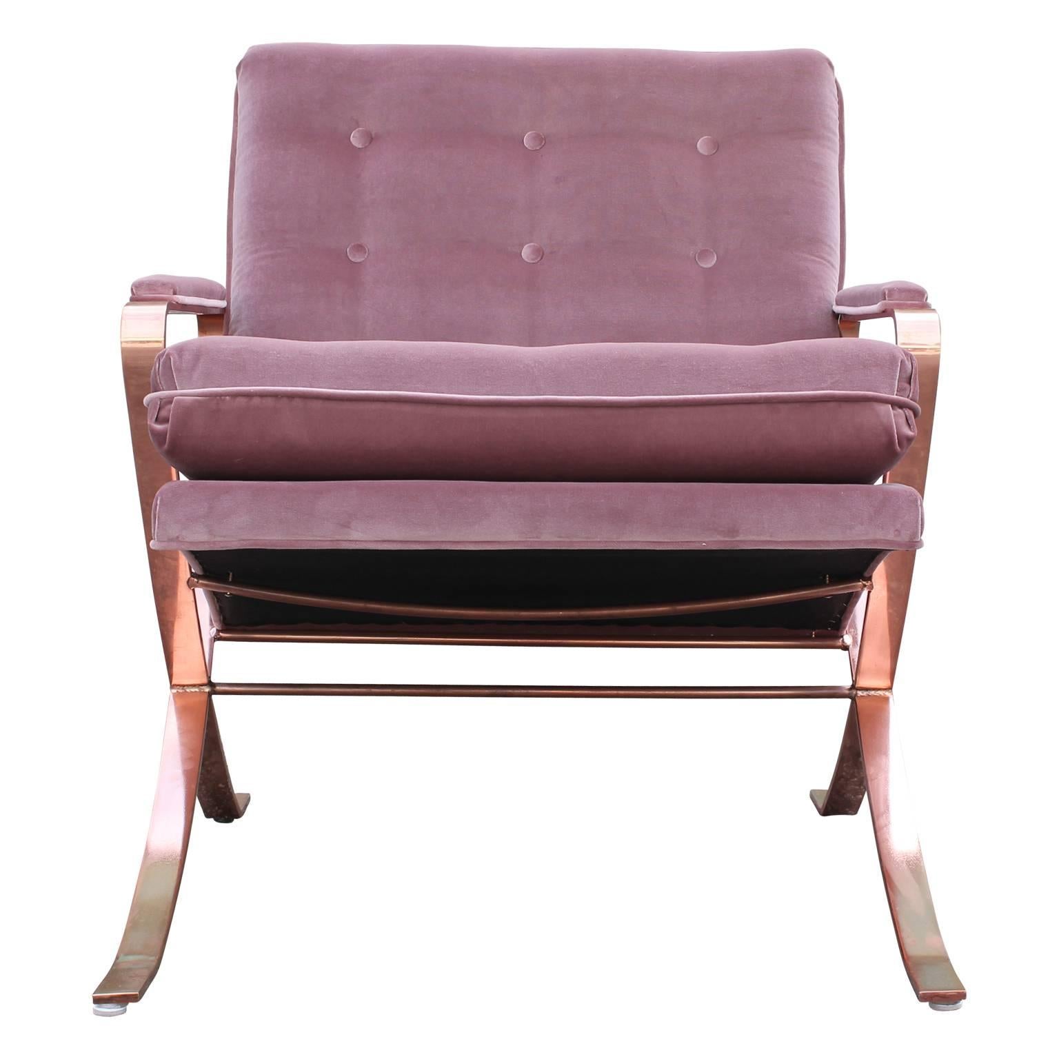 Mid-20th Century Pair of Modern Italian Copper-Plated Lounge Chairs in Tufted Mauve Kravet Velvet