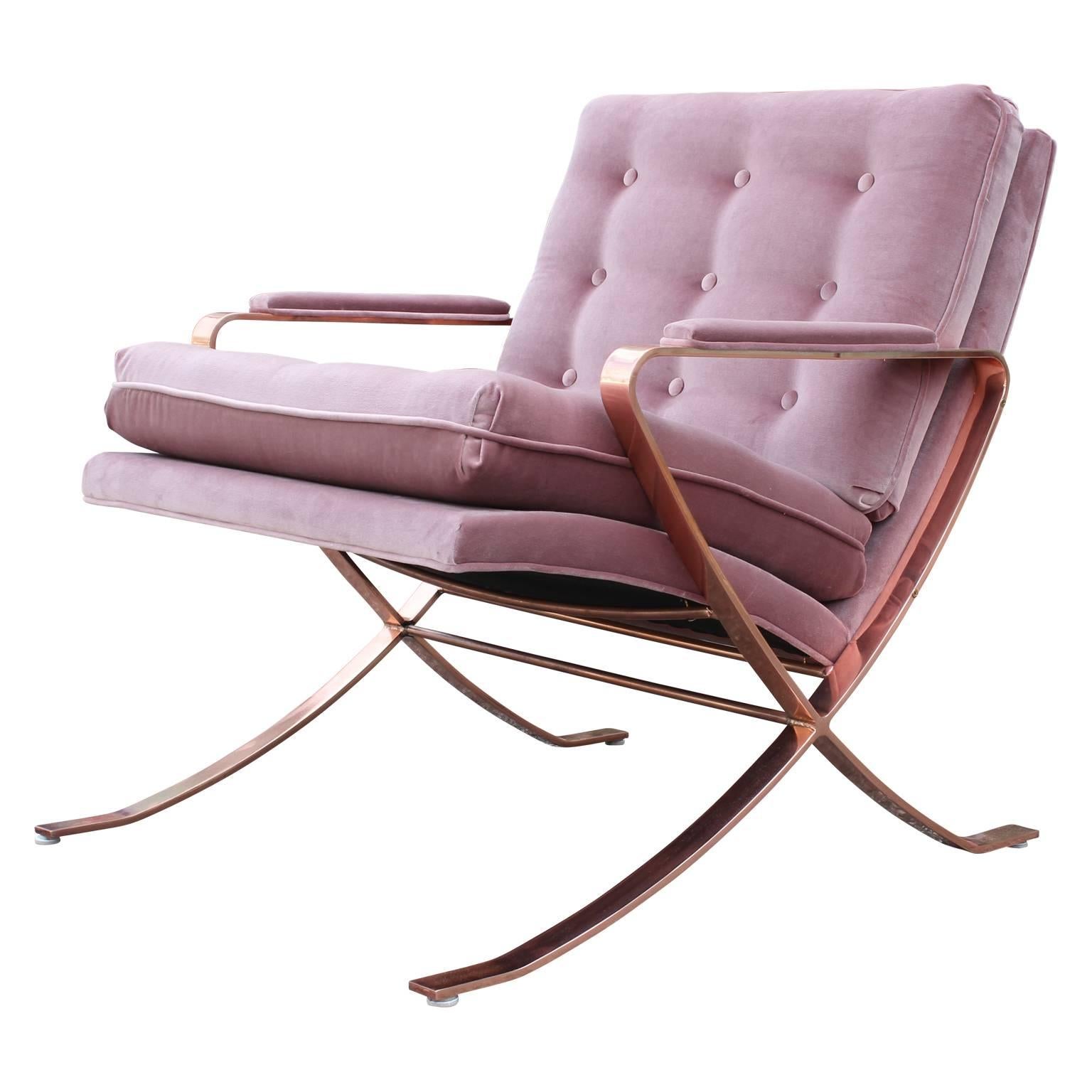 Pair of modern Italian copper-plated lounge chairs in tufted Mauve Kravet velvet.