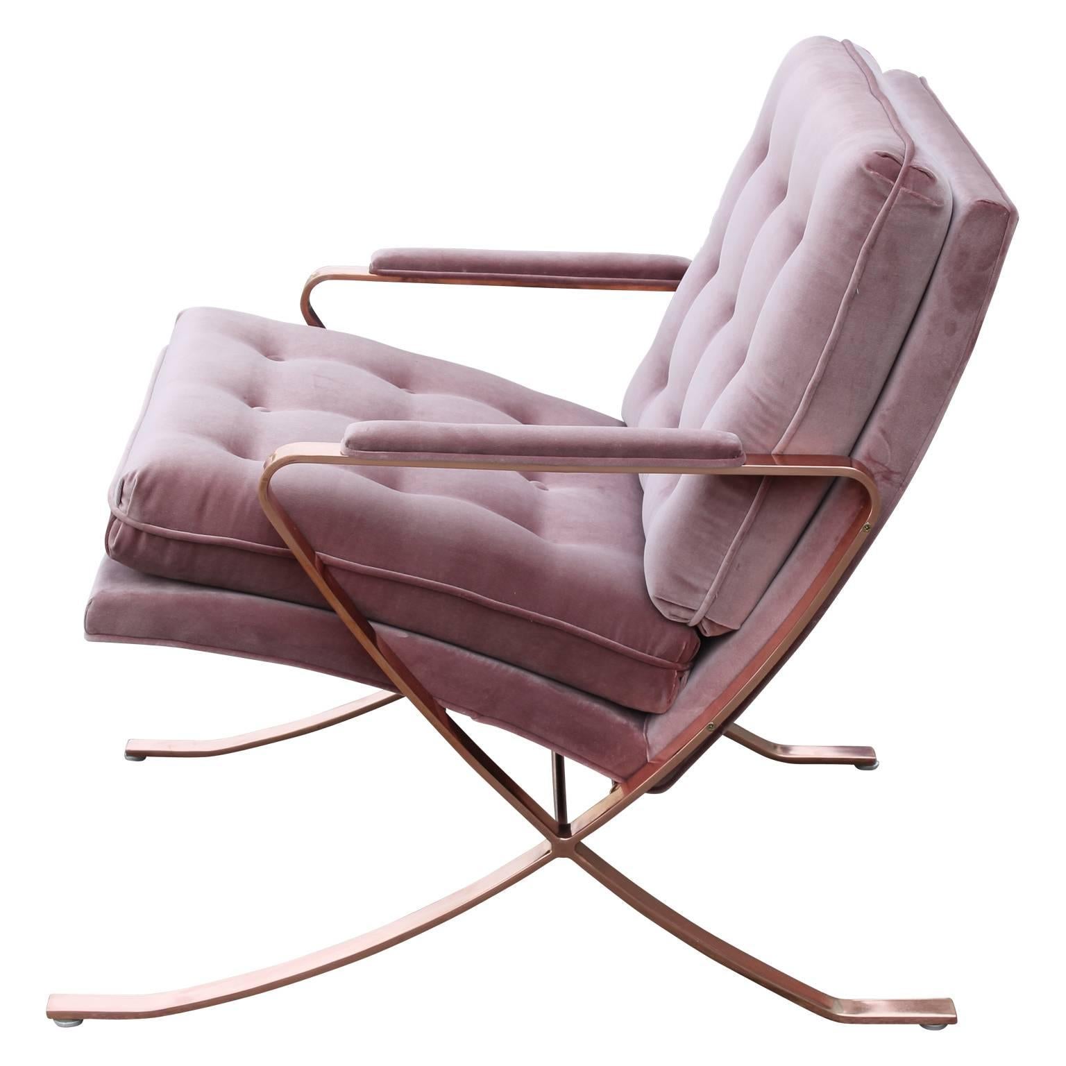 Pair of Modern Italian Copper-Plated Lounge Chairs in Tufted Mauve Kravet Velvet 2