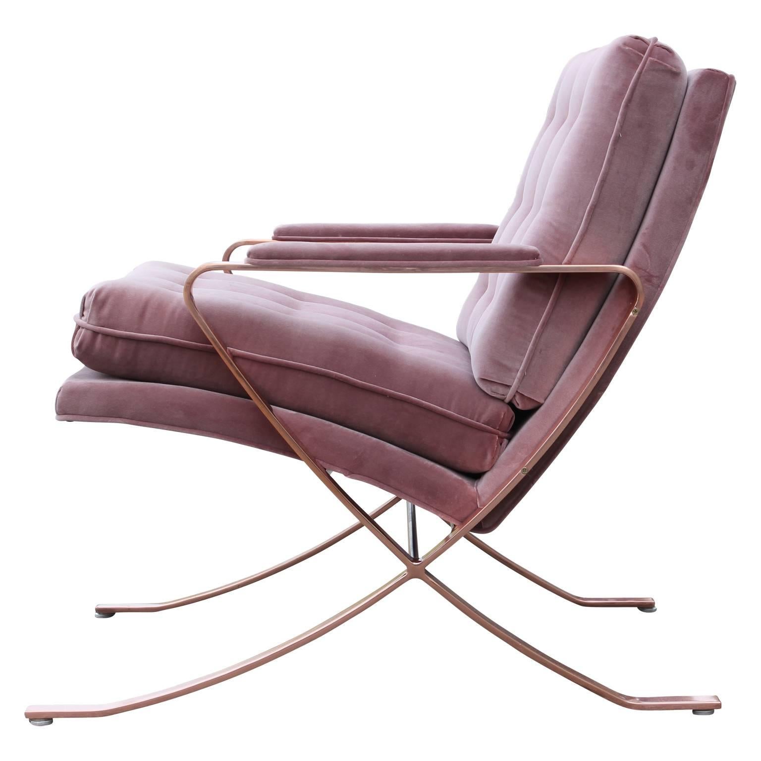 Pair of Modern Italian Copper-Plated Lounge Chairs in Tufted Mauve Kravet Velvet 1