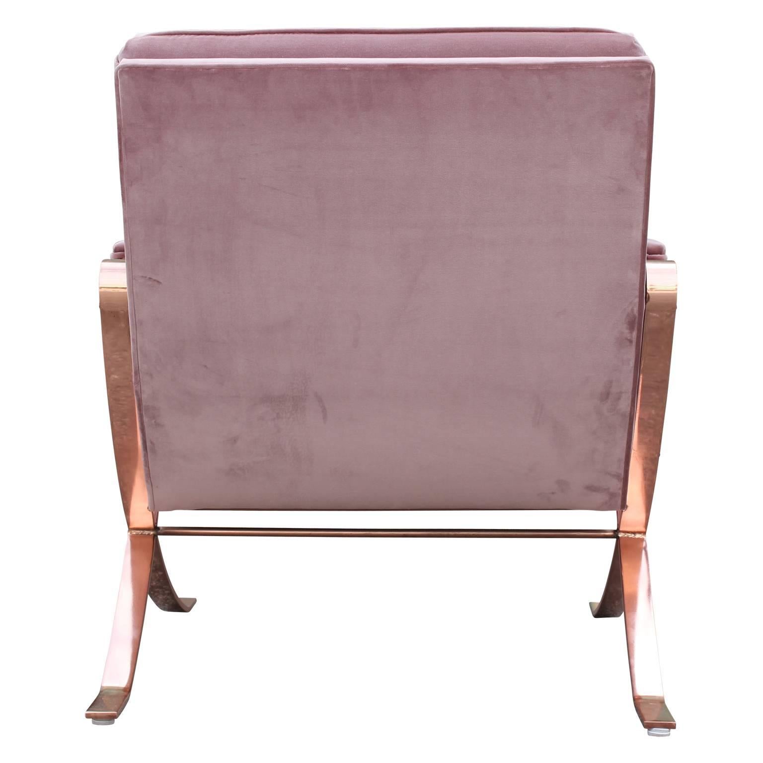 Pair of Modern Italian Copper-Plated Lounge Chairs in Tufted Mauve Kravet Velvet 3