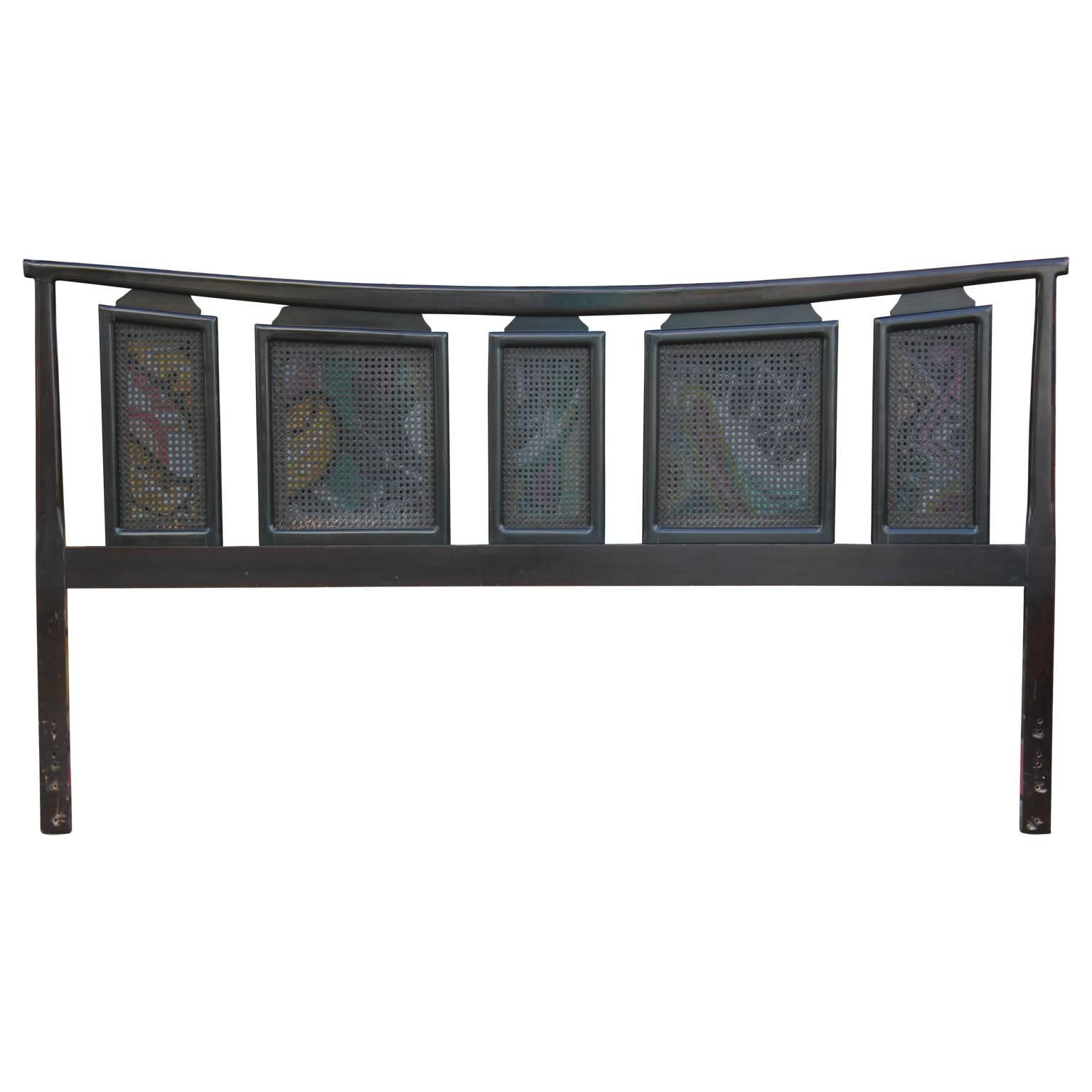 Modern 1960s king-sized dark stained headboard with five panels made of cane. 

It looks like there is a pattern behind each panel in these photos, but there is not - it is just difficult to edit everything out of this photo because of all the small