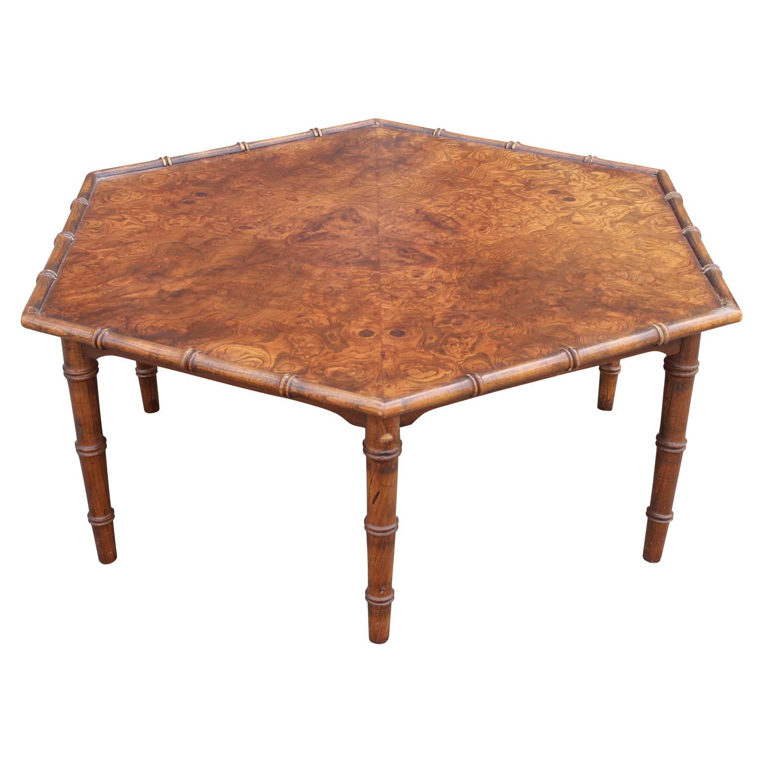 Modern burl walnut or carpathian elm hexagonal faux bamboo coffee table in the shape of a hexagon with an exceptional pattern in the wood graving. We also have the glass top available (as shown in the last picture) if interested.