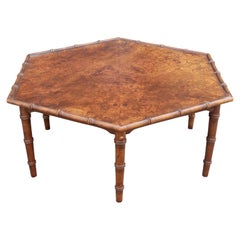 Modern Burl Walnut or Carpathian Elm Hexagonal Faux Bamboo Coffee Table