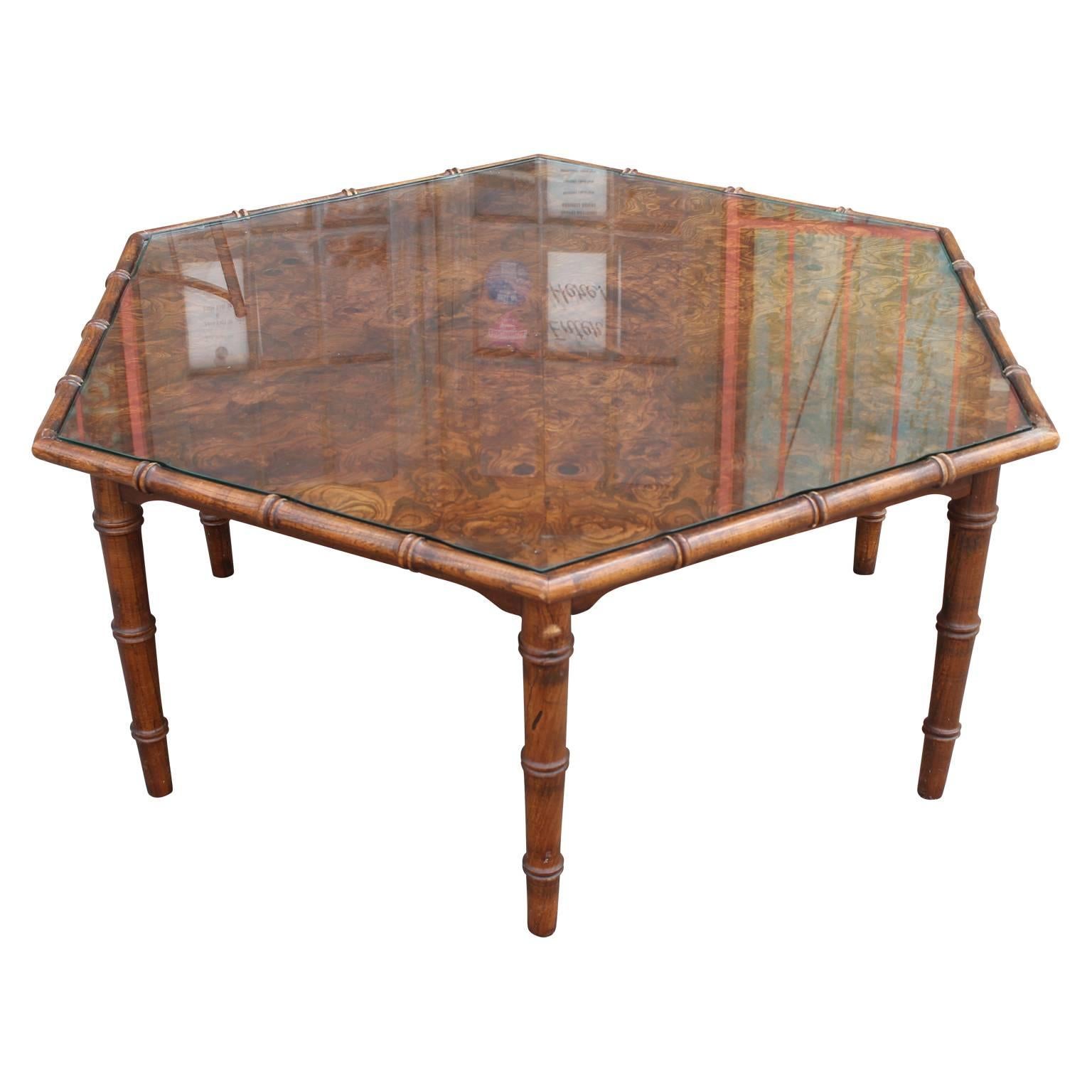 Modern Burl Walnut or Carpathian Elm Hexagonal Faux Bamboo Coffee Table 1