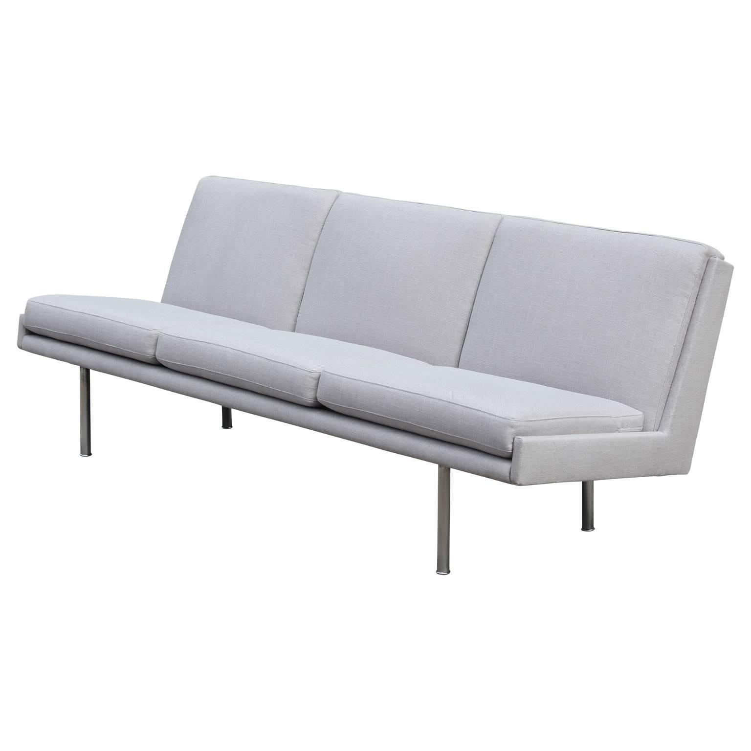 Rare Hans Wegner Armless Three-Seat Sofa with Steel Legs in Light Grey Fabric