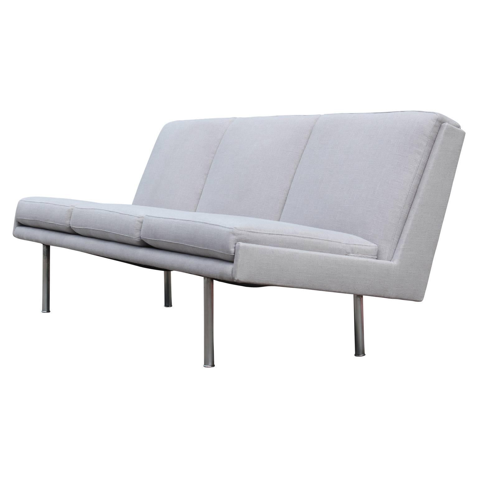 Danish Rare Hans Wegner Armless Three-Seat Sofa with Steel Legs in Light Grey Fabric