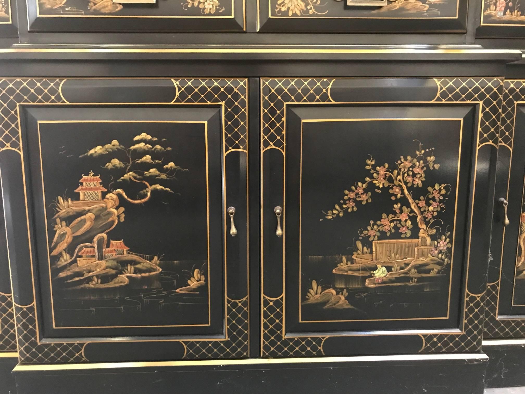 Black & Gold Karges Style Chinoiserie China Cabinet In Excellent Condition In Houston, TX