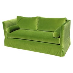 Custom Modern Even Armed Skirted Green Velvet High Back Sofa