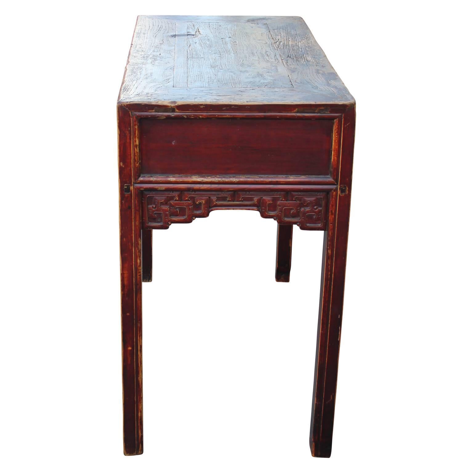 Chinoiserie 19th Century Red Lacquered Chinese Desk Altar Table with Carved Detailing