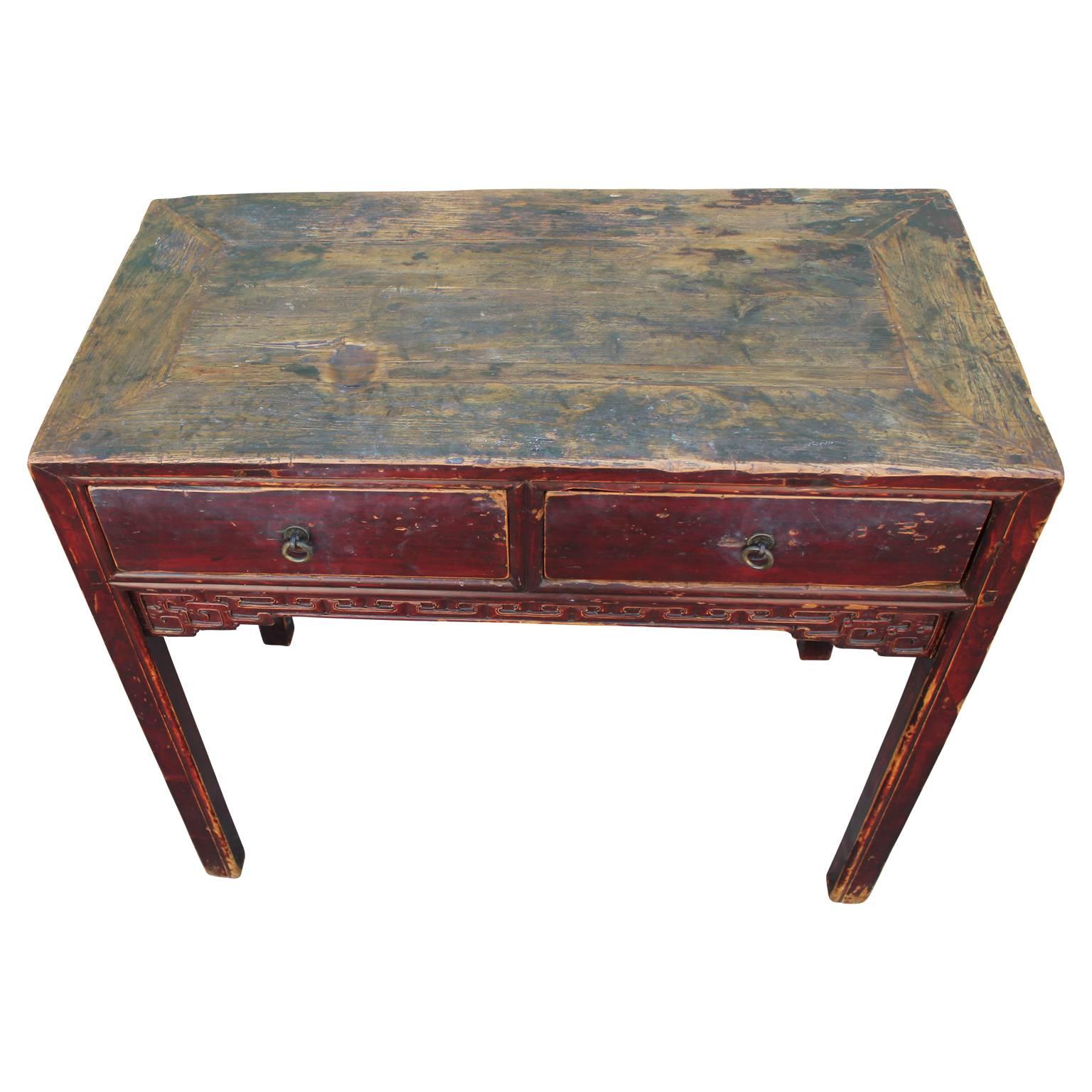 19th Century Red Lacquered Chinese Desk Altar Table with Carved Detailing 1
