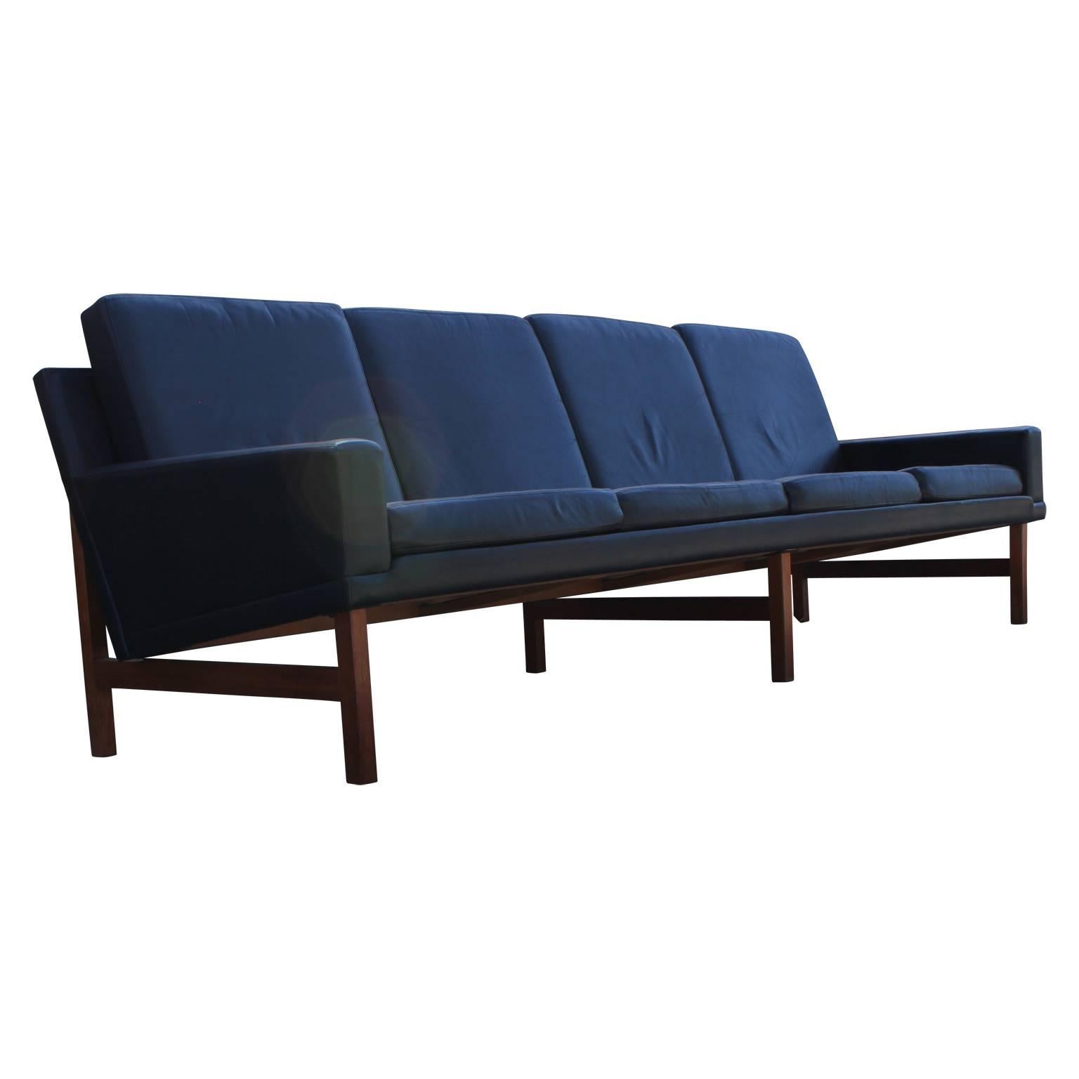 Mid-20th Century Ultra Modern Danish Black Leather Sofa with Teak Legs Hans Wegner Style