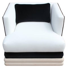 Pair of Modern Square Lounge Chairs with Bleached Wood Black and White Velvet