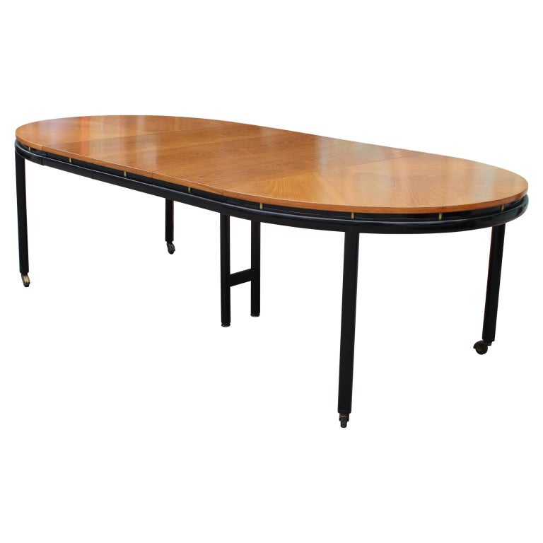 Modern Michael Taylor for Baker Walnut ThreeLeaf TwoTone Oval Dining