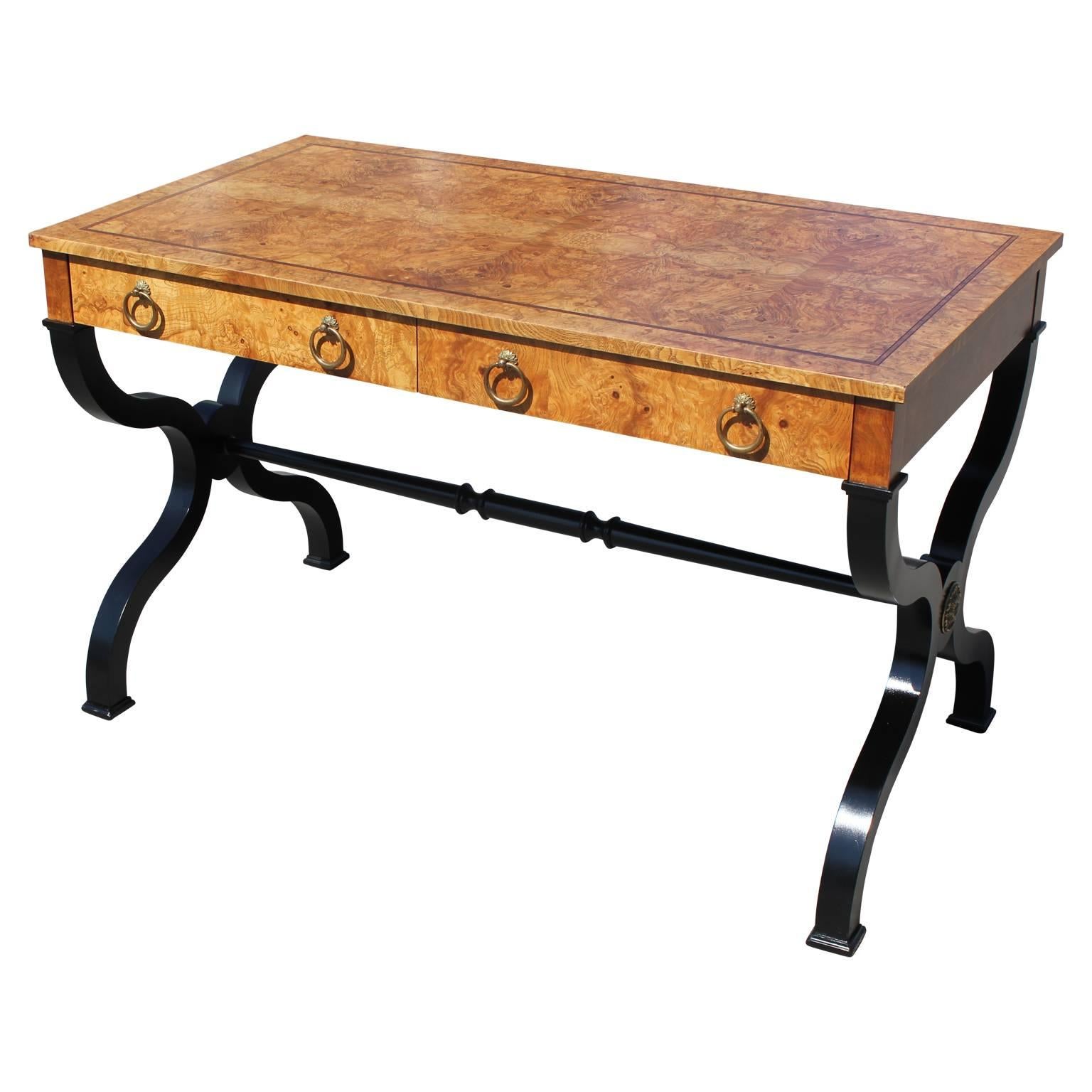 American Modern French Two-Tone Burl Two-Drawer Desk by Baker Furniture Brass Hardware