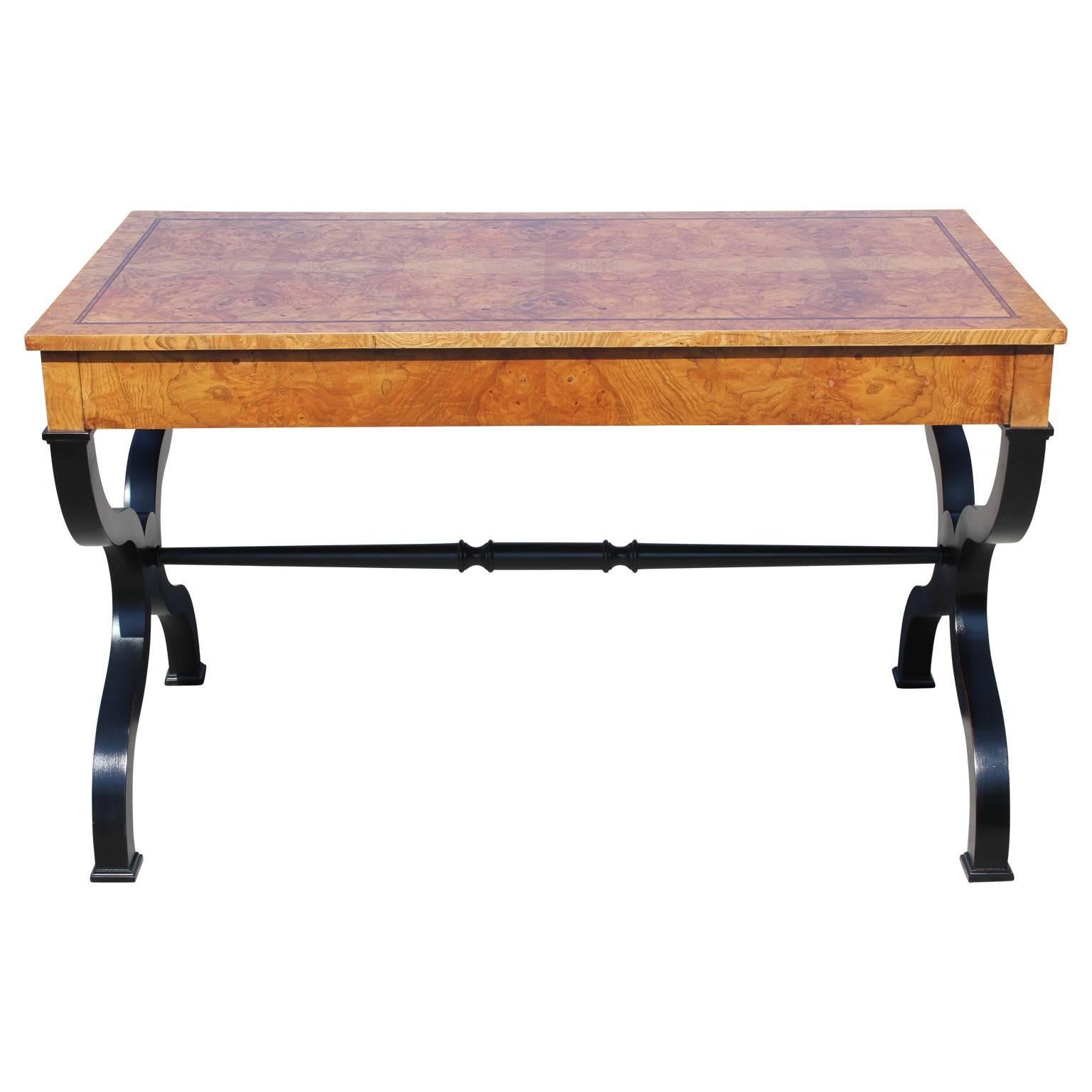 Mid-20th Century Modern French Two-Tone Burl Two-Drawer Desk by Baker Furniture Brass Hardware