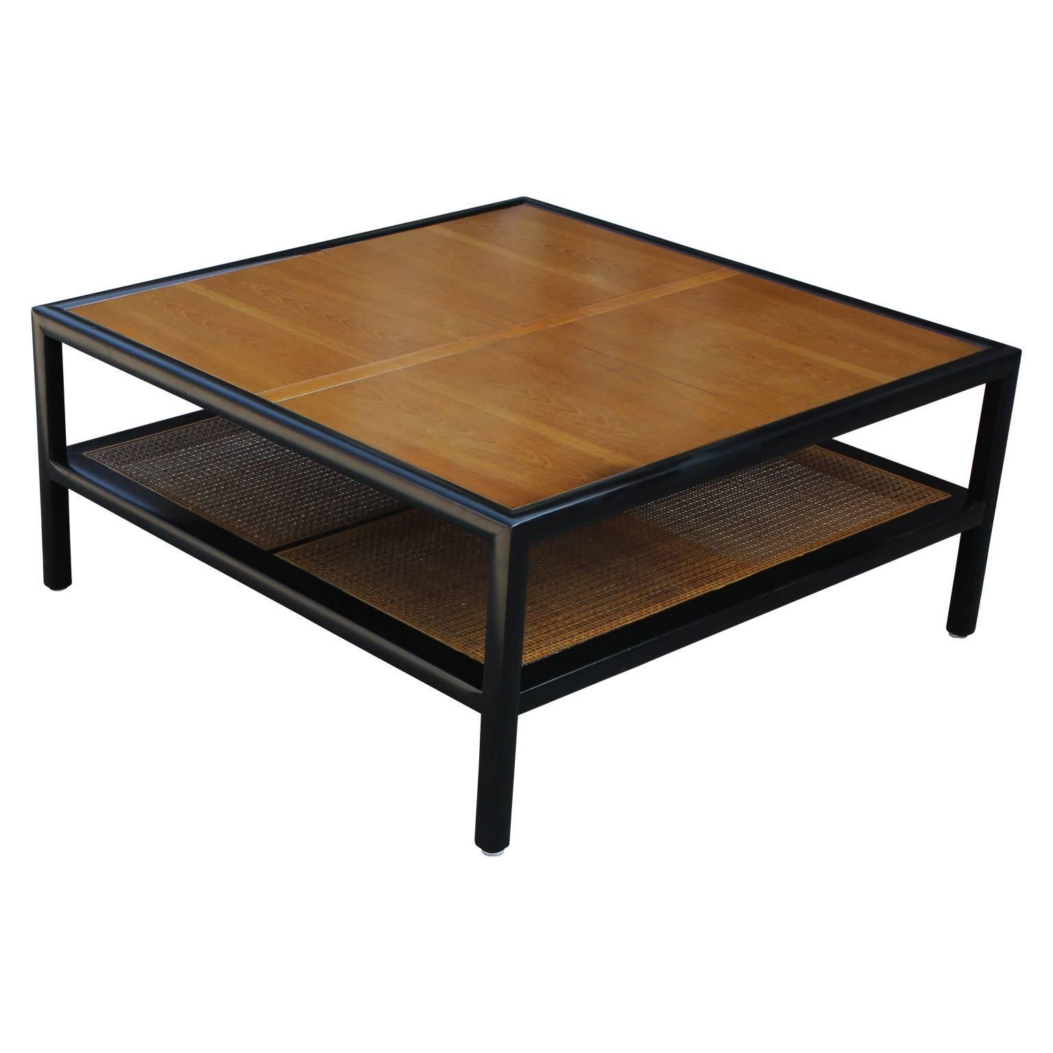 Mid-Century Modern Modern Michael Taylor for Baker Square Walnut and Cane Two-Tone Coffee Table
