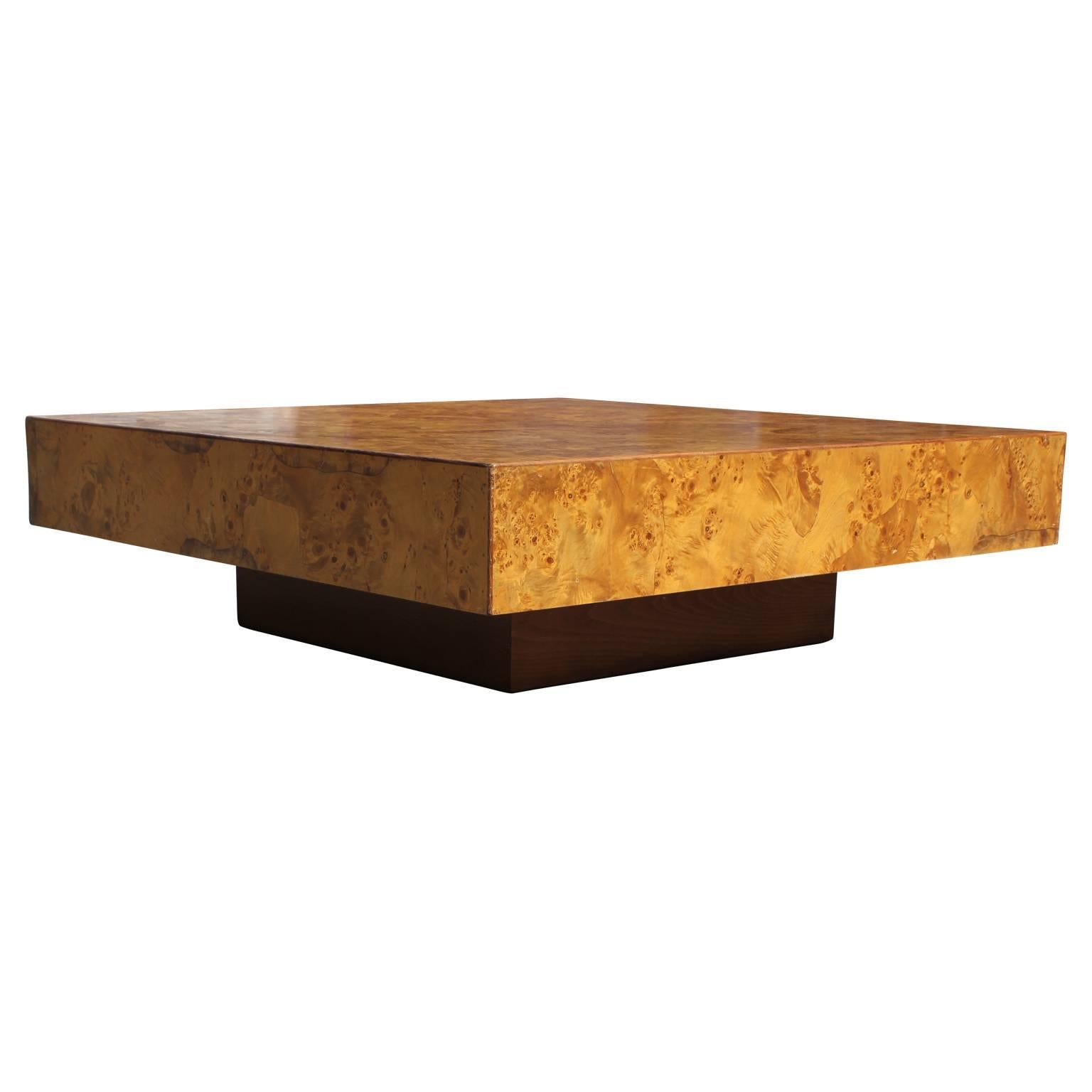 Modern Italian Milo Baughman Style Square Burl Wood Coffee Table at 1stDibs