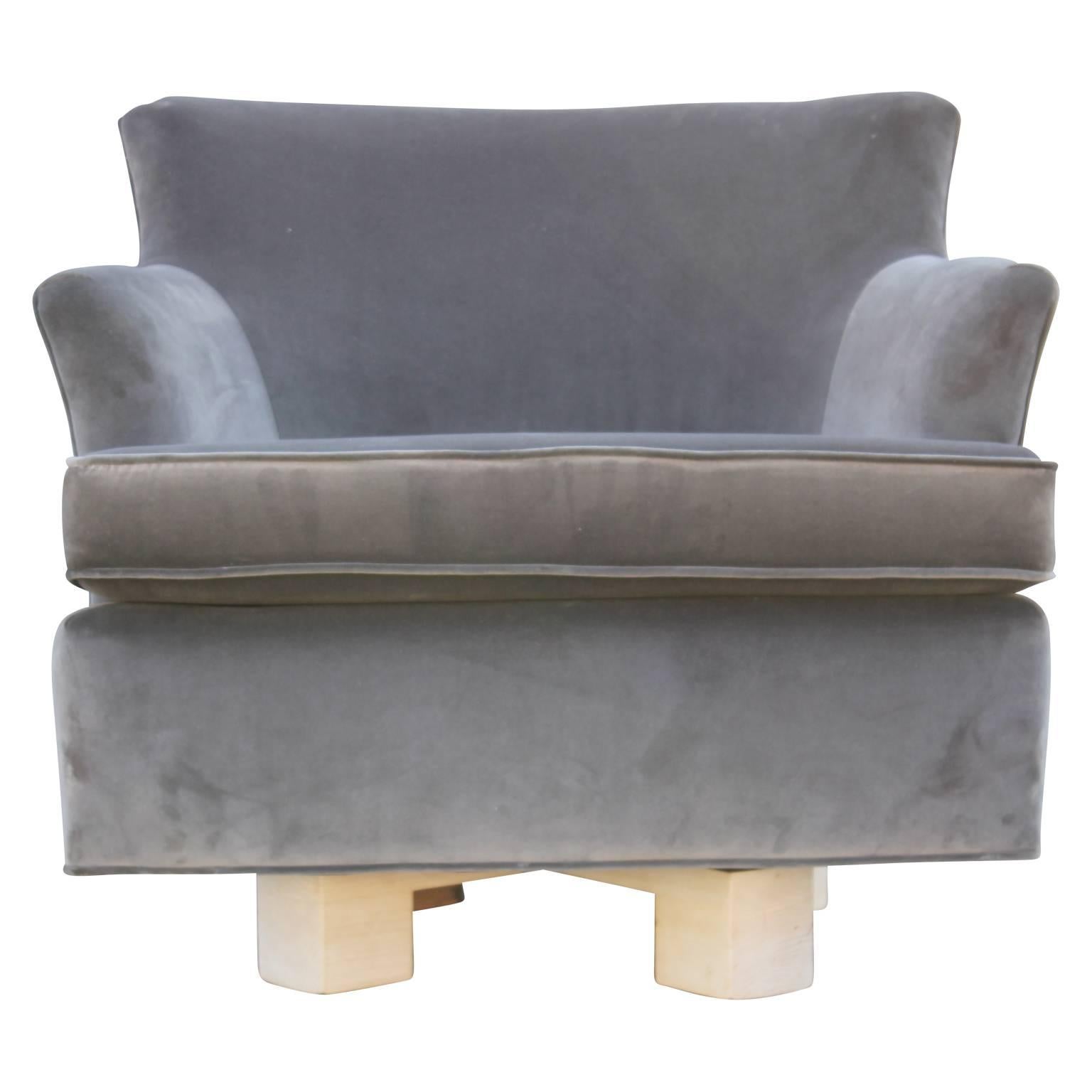 Pair of Modern Grey Velvet Swivel Lounge Chairs with Bleached Wood Base In Excellent Condition In Houston, TX