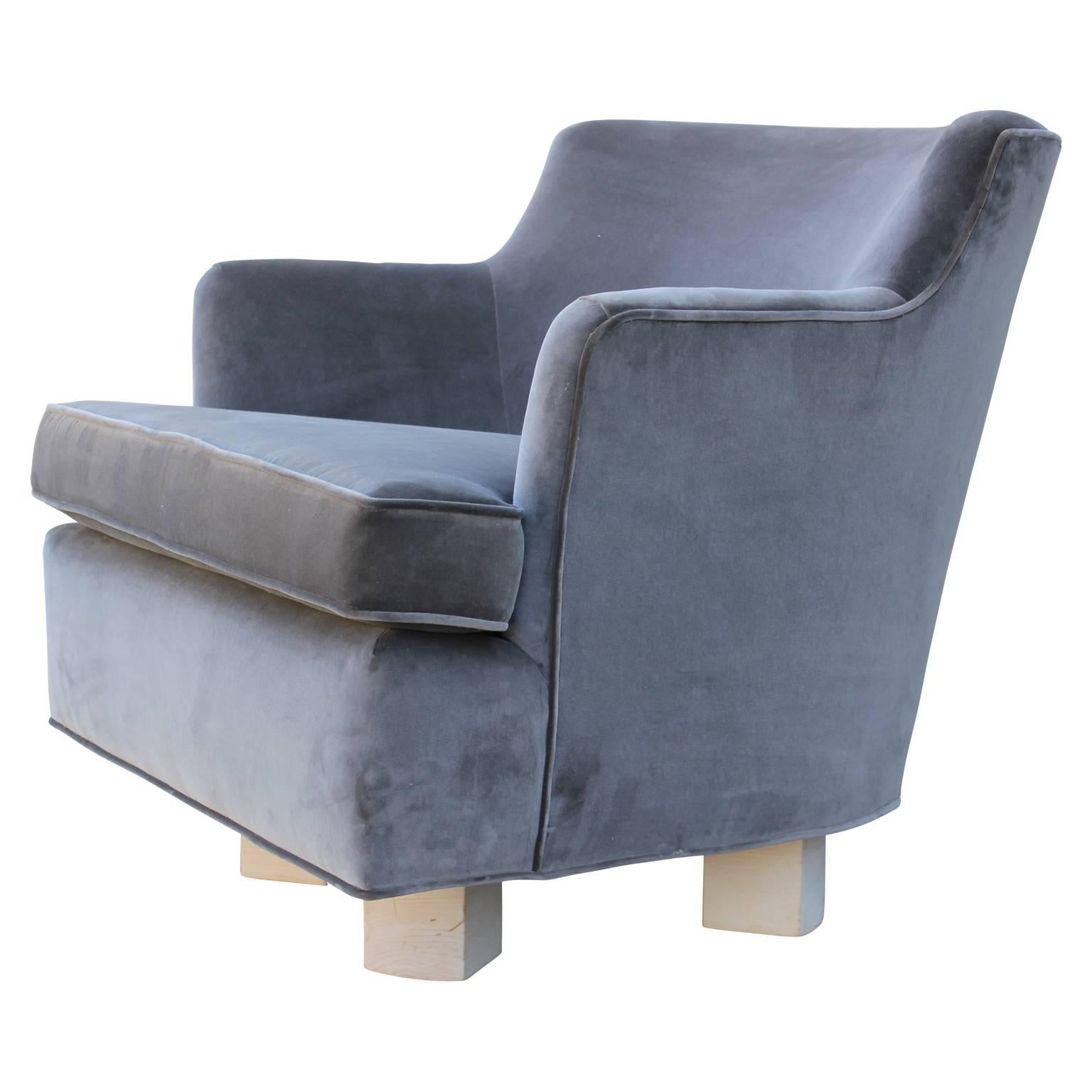 Pair of Modern Grey Velvet Swivel Lounge Chairs with Bleached Wood Base 1