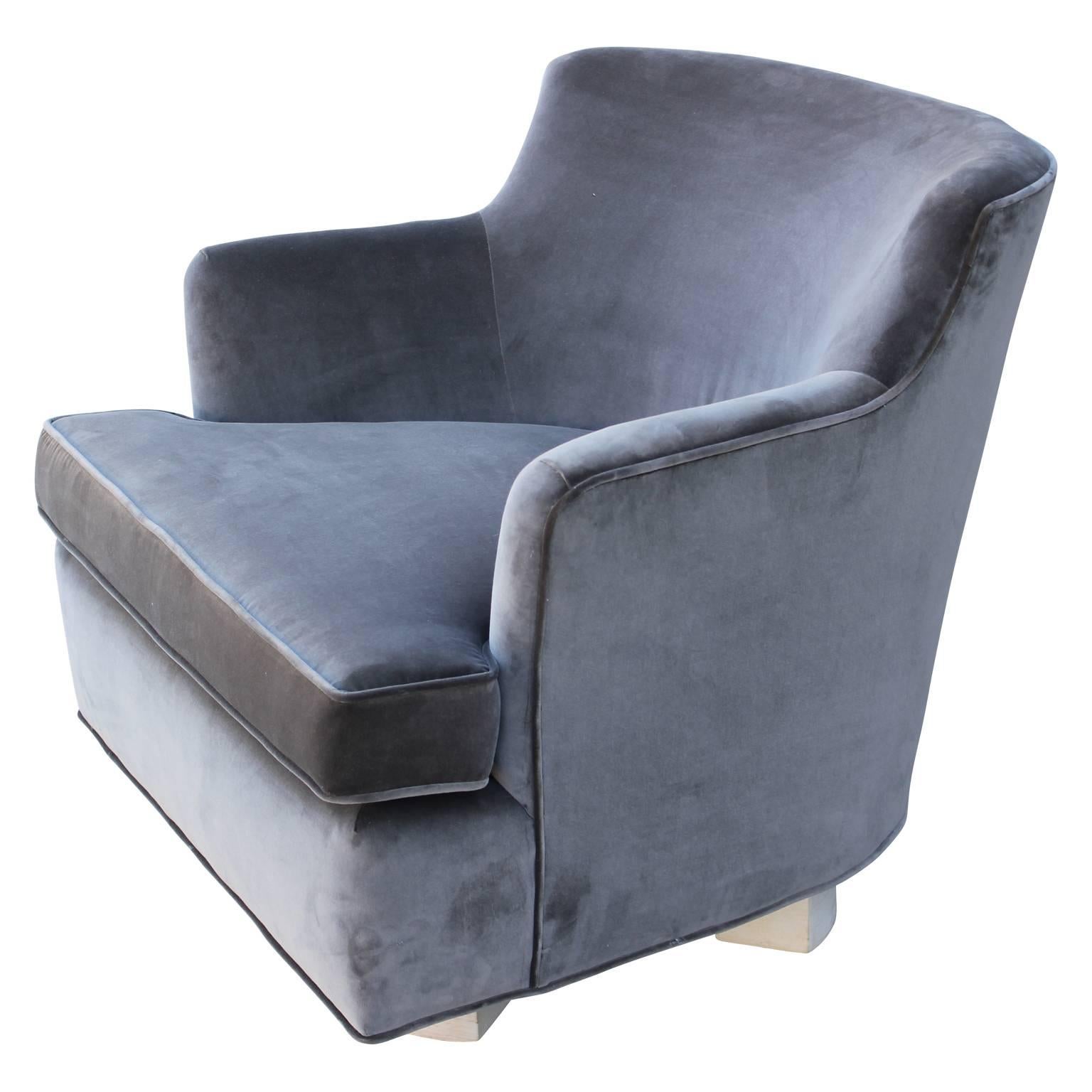 Mid-20th Century Pair of Modern Grey Velvet Swivel Lounge Chairs with Bleached Wood Base